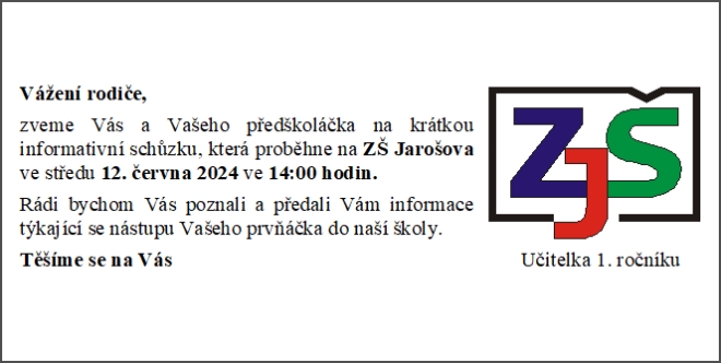 Informativní schůzka 1. třída 2024-25 ZŠ Jarošova